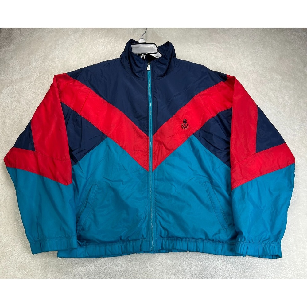 JCPenney USA Olympic Windbreaker Jacket Mens L Blue Red Colorblock Long Sleeve